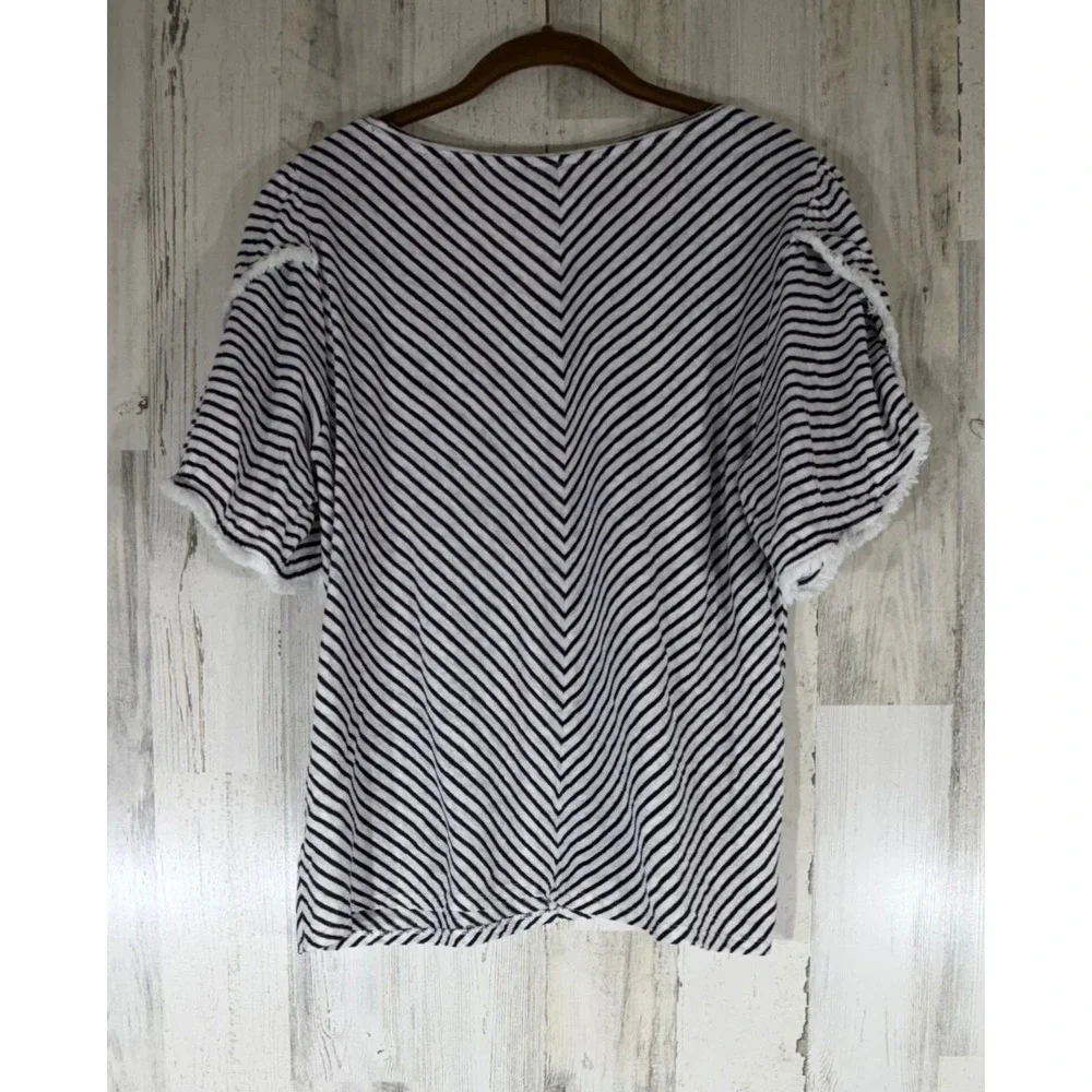 Chicos Blouse Size 2 or Large‎ Black White Stripe Puff Sleeve Frayed Fringe Hem